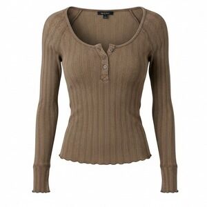 We The Free Free People‎ Women Top L Brown Ribbed Henley Thermal Layering Hiking